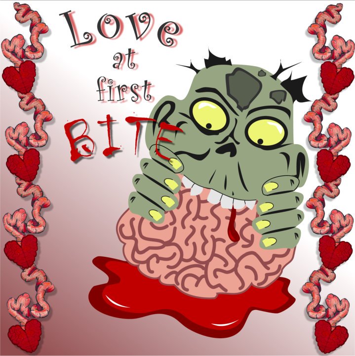 graphic design of a zombie biting a brain with the words love at first bite