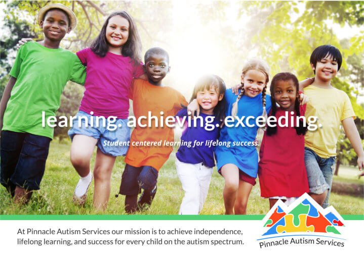 pinnacle autism services postcard with children smiling