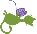 graphic design of a green cat with purple yarn